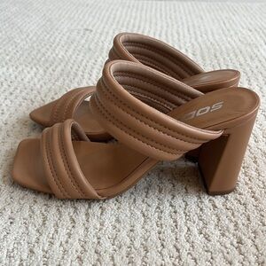 SODA Tan Square Toe Block Heel Sandal 8
